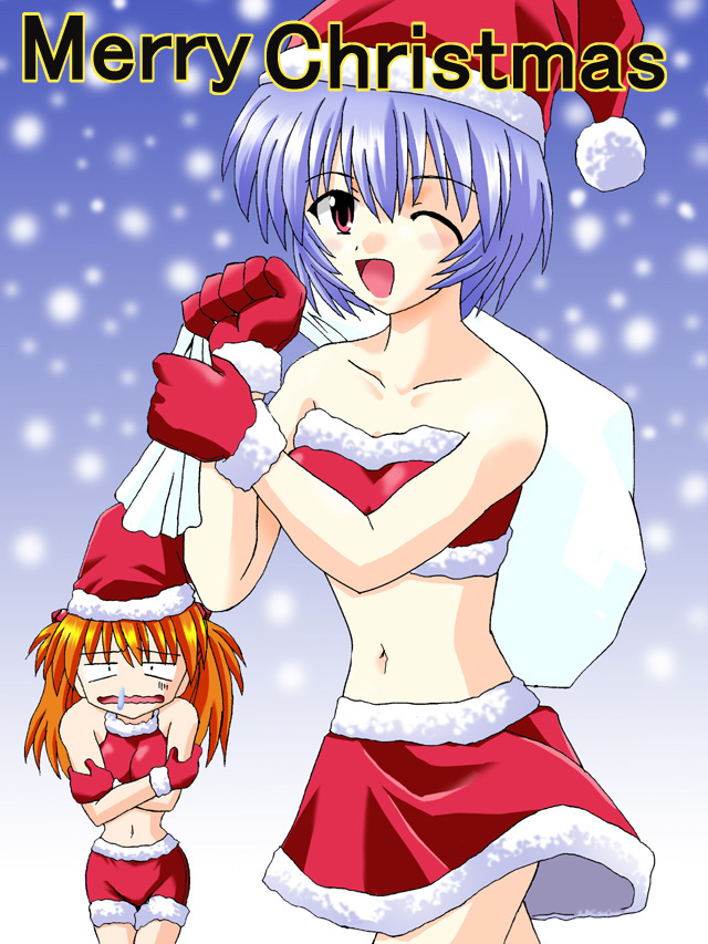 ayanami rei, souryuu asuka langley, neon genesis evangelion, tagme, 2girls, christmas, cold, covering breasts, covering privates, crop top, midriff, multiple girls, navel, one eye closed, wink