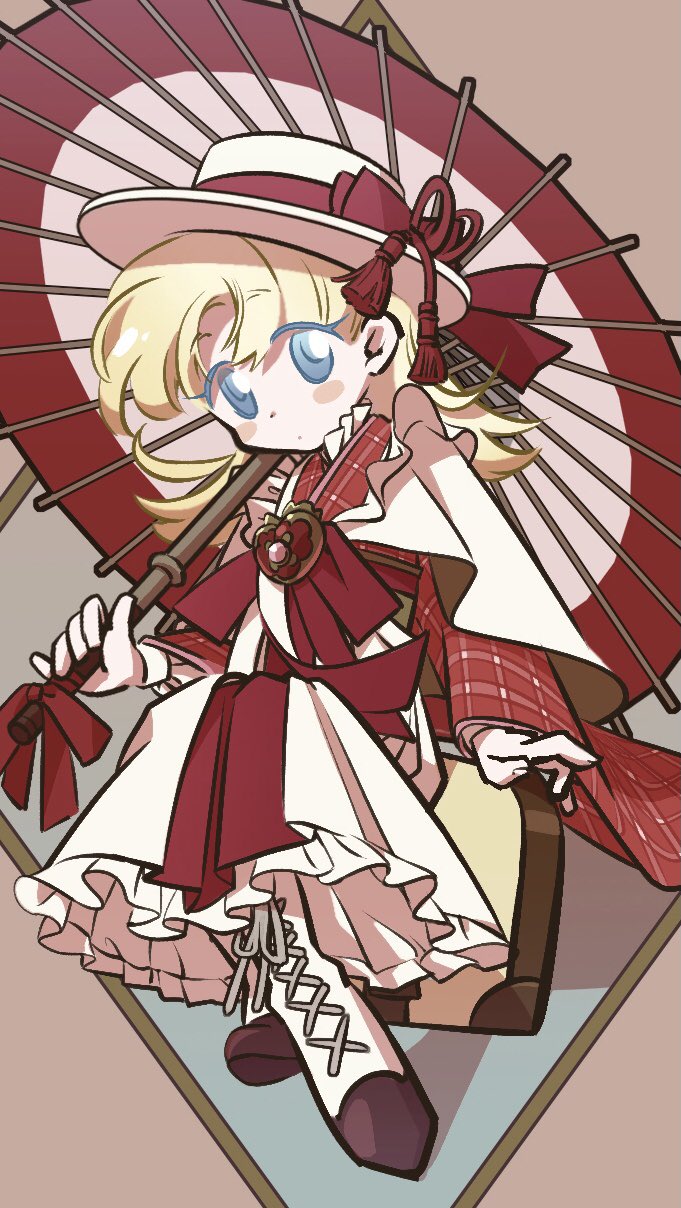 kuwabara (mola 8), nadja applefield, ashita no nadja, highres, 1girl, blonde hair, blue eyes, boots, closed mouth, dress, full body, hat, holding, holding umbrella, long hair, looking at viewer, multiple views, pink background, socks, solo, suitcase, umbrella, white socks