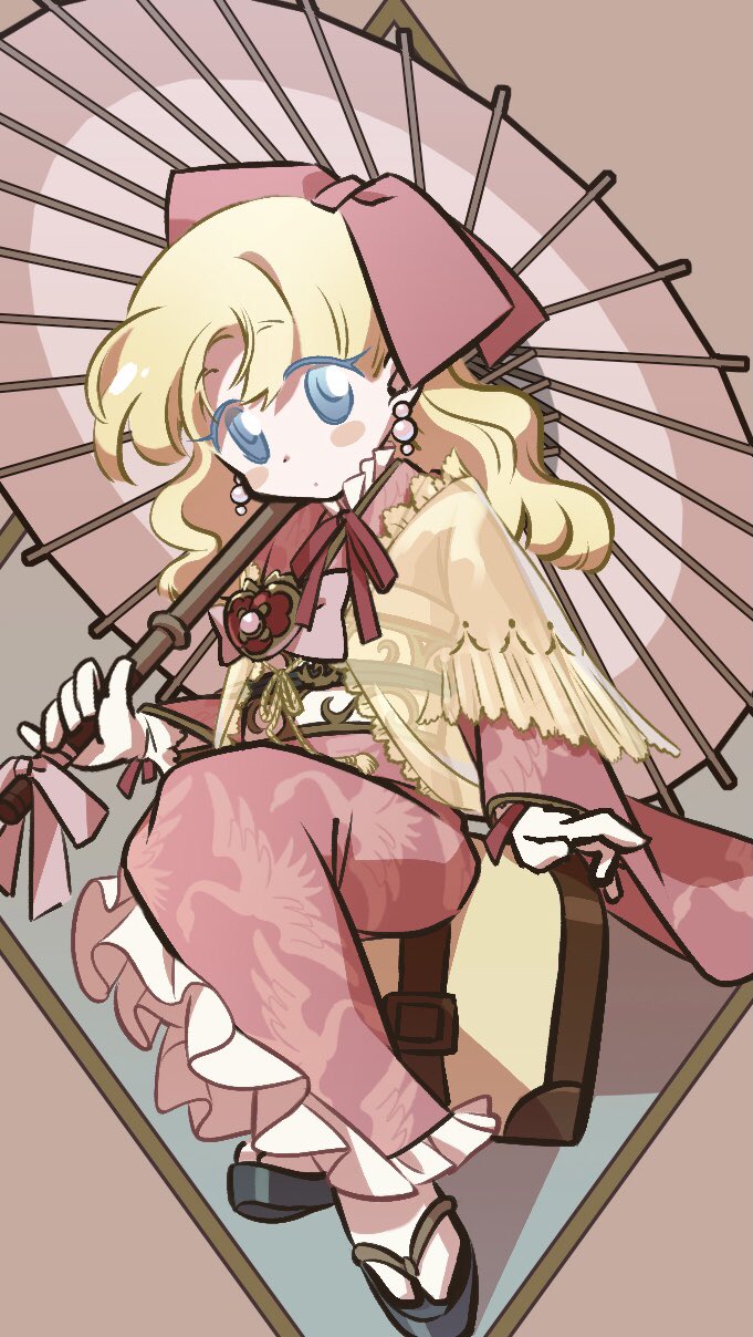 kuwabara (mola 8), nadja applefield, ashita no nadja, highres, 1girl, blonde hair, blue eyes, boots, closed mouth, dress, full body, hair ribbon, half updo, hat, holding, holding umbrella, japanese clothes, kimono, long hair, looking at viewer, multiple views, pink background, pink kimono, pink ribbon, ribbon, socks, solo, suitcase, umbrella, white socks