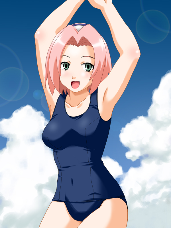 ponzu rui, haruno sakura, naruto (classic), naruto (series), 1girl, armpits, arms up, bare legs, blue one-piece swimsuit, blue sky, blush, breasts, cloud, collarbone, facing viewer, female focus, forehead protector, green eyes, hands up, happy, lens flare, looking at viewer, one-piece swimsuit, open mouth, outdoors, pink hair, school swimsuit, short hair, sky, sleeveless, smile, solo, standing, sun, sunlight, swimsuit