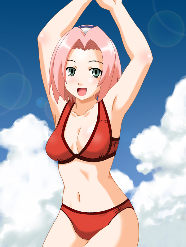 ponzu rui, haruno sakura, naruto (classic), naruto (series), bad id, bad pixiv id, 1girl, :d, armpits, arms up, bikini, cloud, day, female focus, green eyes, navel, open mouth, pink hair, red bikini, short hair, sky, smile, solo, swimsuit