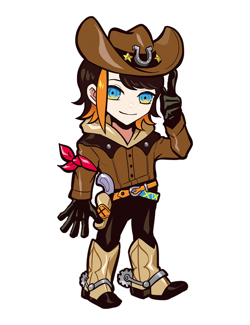 puppeteer7777, crazy raccoon, official art, second-party source, 1boy, anime coloring, aqua belt, aqua eyes, arm at side, asymmetrical bangs, asymmetrical hair, belt, belt buckle, black gloves, boots, brown boots, brown hair, brown hat, brown hood, brown jacket, brown leggings, brown sleeves, buckle, buttons, closed mouth, cowboy boots, cowboy hat, cowboy western, crossed belts, facing viewer, full body, gloves, gradient eyes, gradient hair, gun, handgun, hat, hat ornament, hat tip, holster, holstered, hood, hood down, hooded jacket, horseshoe, horseshoe hat ornament, horseshoe ornament, jacket, leggings, legs apart, long sleeves, looking at viewer, makiba (gamer), male focus, medium hair, multicolored eyes, multicolored hair, open hand, orange belt, orange hair, revolver, smile, solo, spurs, standing, star (symbol), star hat ornament, star ornament, straight hair, tachi-e, thick lineart, transparent background, two-tone eyes, weapon, yellow eyes