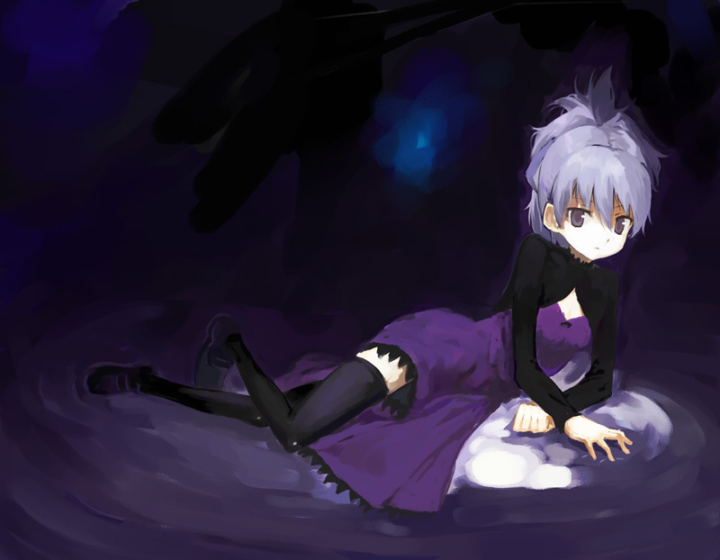 yin (darker than black), darker than black, silver hair, 00s, dress, long hair, lying, ponytail, purple eyes, thighhighs