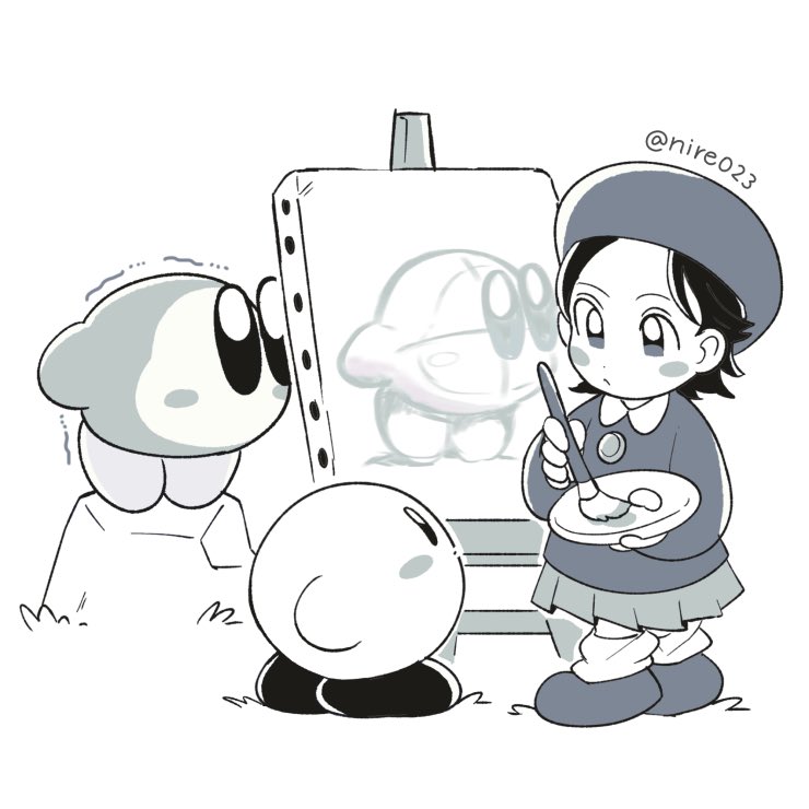 ni re, adeleine, kirby, waddle dee, kirby (series), kirby 64, nintendo, 1girl, artist name, beret, black eyes, black hair, canvas (object), hat, holding, holding paintbrush, paint palette, paintbrush, rock, simple background, skirt, standing on rock, white background