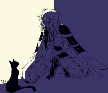 wane (ruki), ragnarok online, commentary request, lowres, 1boy, armor, cat, closed mouth, dated, full body, greyscale, japanese armor, japanese clothes, kagerou (ragnarok online), kimono, kote, male focus, monochrome, obi, pants, sash, short hair, smile, solo, squatting