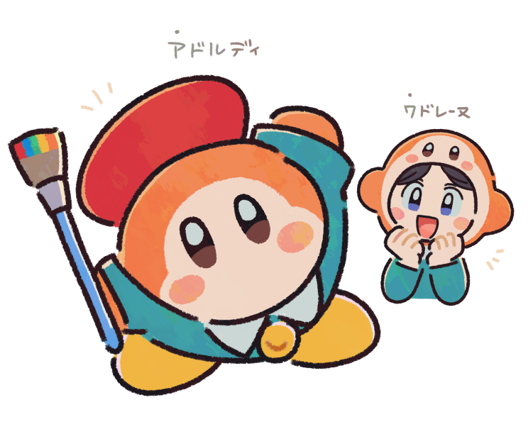 ni re, adeleine, waddle dee, kirby (series), nintendo, 1girl, adeleine (cosplay), beret, black eyes, blue eyes, cosplay, green shirt, hat, holding, holding paintbrush, open mouth, paintbrush, red hat, shirt, simple background, smile, white background