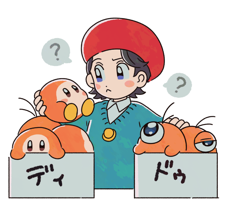ni re, adeleine, waddle dee, waddle doo, kirby (series), nintendo, 1girl, ?, beret, black eyes, black hair, blue eyes, hat, one-eyed, red hat, simple background, white background
