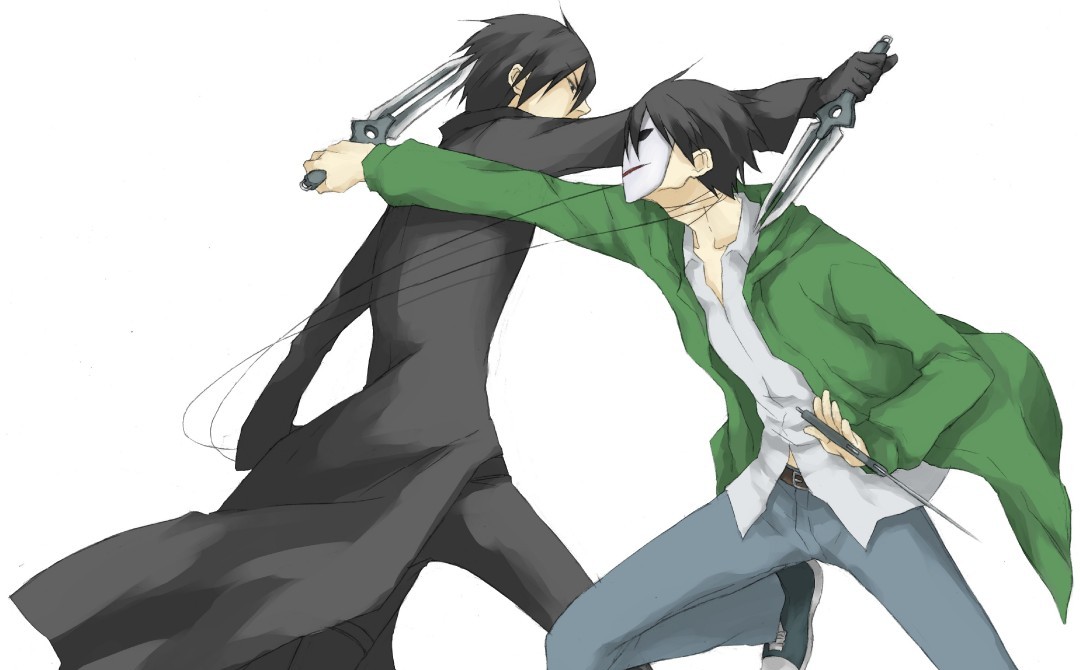 hei (darker than black), darker than black, 00s, 1boy, belt, black gloves, black hair, coat, denim, dual persona, dual wielding, gloves, green jacket, holding, hood, hoodie, jacket, jeans, knife, male focus, mask, multiple persona, pants, shirt, solo, thigh strap, trench coat, white shirt, wire