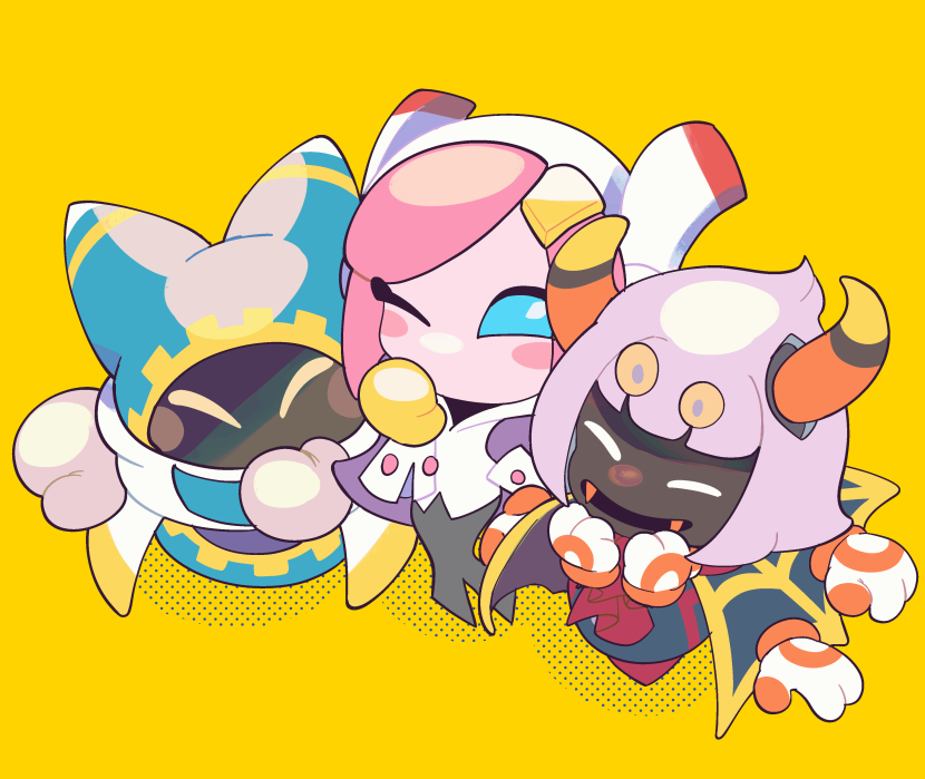 ni re, magolor, susie (kirby), taranza, kirby (series), nintendo, 1girl, 2boys, cape, closed eyes, fangs, gloves, horns, multiple boys, one eye closed, orange background, pink hair, rayman limbs, simple background, yellow gloves