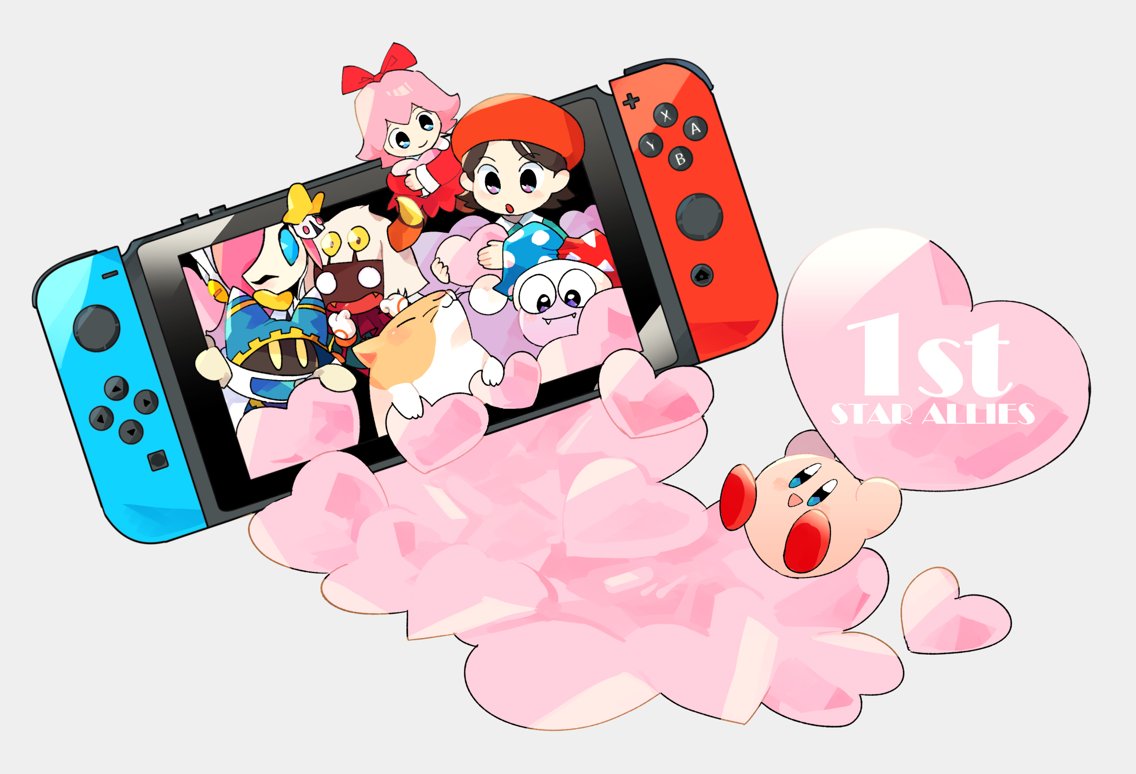 ni re, adeleine, kirby, magolor, marx (kirby), ribbon (kirby), rick (kirby), susie (kirby), taranza, kirby (series), kirby star allies, nintendo, highres, anniversary, beret, black hair, blue eyes, bow, brown fur, colored skin, fangs, grey background, hair bow, hat, heart, horns, nintendo switch, one eye closed, pink hair, pink skin, rayman limbs, red bow, red hat, simple background, two-tone fur, white fur, yellow eyes