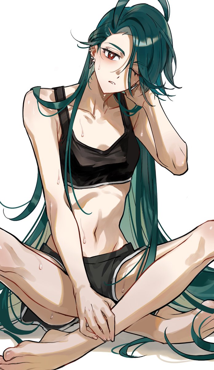 nori (oonori san), rika (pokemon), nintendo, pokemon, pokemon sv, highres, jpeg artifacts, 1girl, bare arms, barefoot, black bra, black shorts, bra, bright pupils, collarbone, ear piercing, earrings, green hair, hair down, hand on own leg, indian style, jewelry, long hair, looking at viewer, navel, one eye closed, piercing, red eyes, short shorts, shorts, simple background, sitting, solo, sports bra, sweat, swept bangs, triangle earrings, underwear, very long hair, white background, white pupils