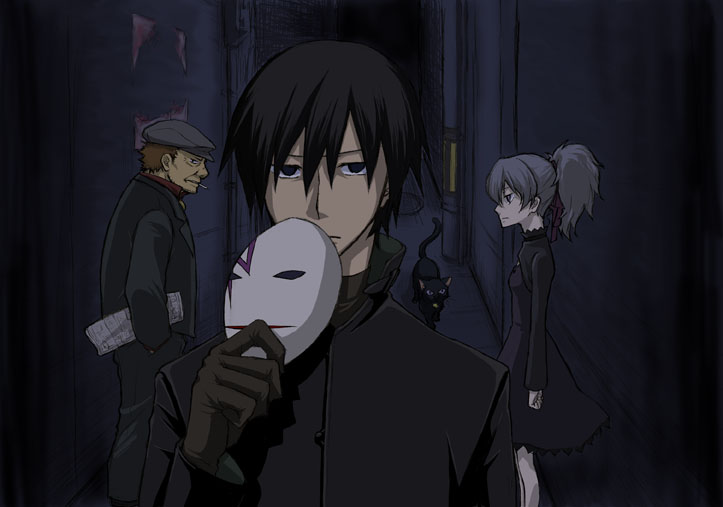 hei (darker than black), huang (darker than black), mao (darker than black), yin (darker than black), darker than black, 00s, alley, black cat, cat, cigarette, coat, dress, gloves, mask, newspaper, ponytail