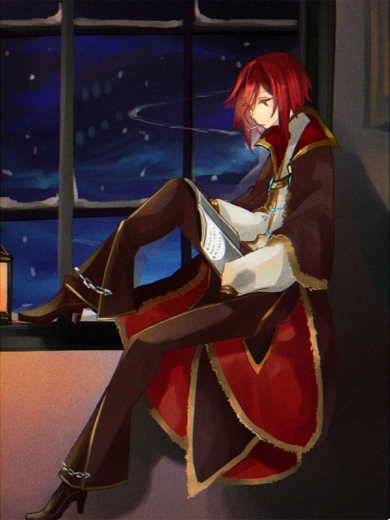 wane (ruki), warlock (ragnarok online), ragnarok online, commentary request, 1boy, black pants, black shoes, book, brown cape, cape, closed mouth, expressionless, full body, fur-trimmed cape, fur trim, gold trim, holding, holding book, indoors, lantern, long sleeves, male focus, night, official alternate costume, on windowsill, pants, reading, red cape, shirt, shoes, short hair, sitting, solo, two-sided cape, two-sided fabric, white shirt, window