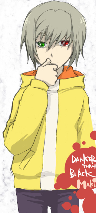 maki (darker than black), darker than black, 00s, 1boy, blonde hair, character name, heterochromia, hood, hoodie, male focus, pants, solo, standing