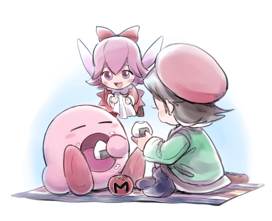 hizukiki, adeleine, kirby, ribbon (kirby), kirby (series), kirby 64, nintendo, 2girls, beret, black hair, black socks, bow, closed eyes, colored skin, eating, fairy, fairy wings, food, hair bow, hat, maxim tomato, multiple girls, onigiri, pink skin, red bow, red hat, sitting, socks, wings