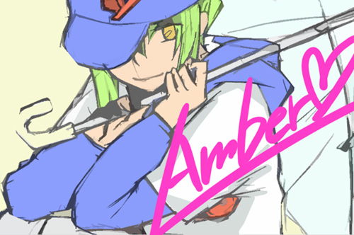 amber (darker than black), darker than black, lowres, 00s, 1girl, baseball cap, character name, female focus, green hair, hat, heart, hood, hoodie, orange eyes, solo, umbrella