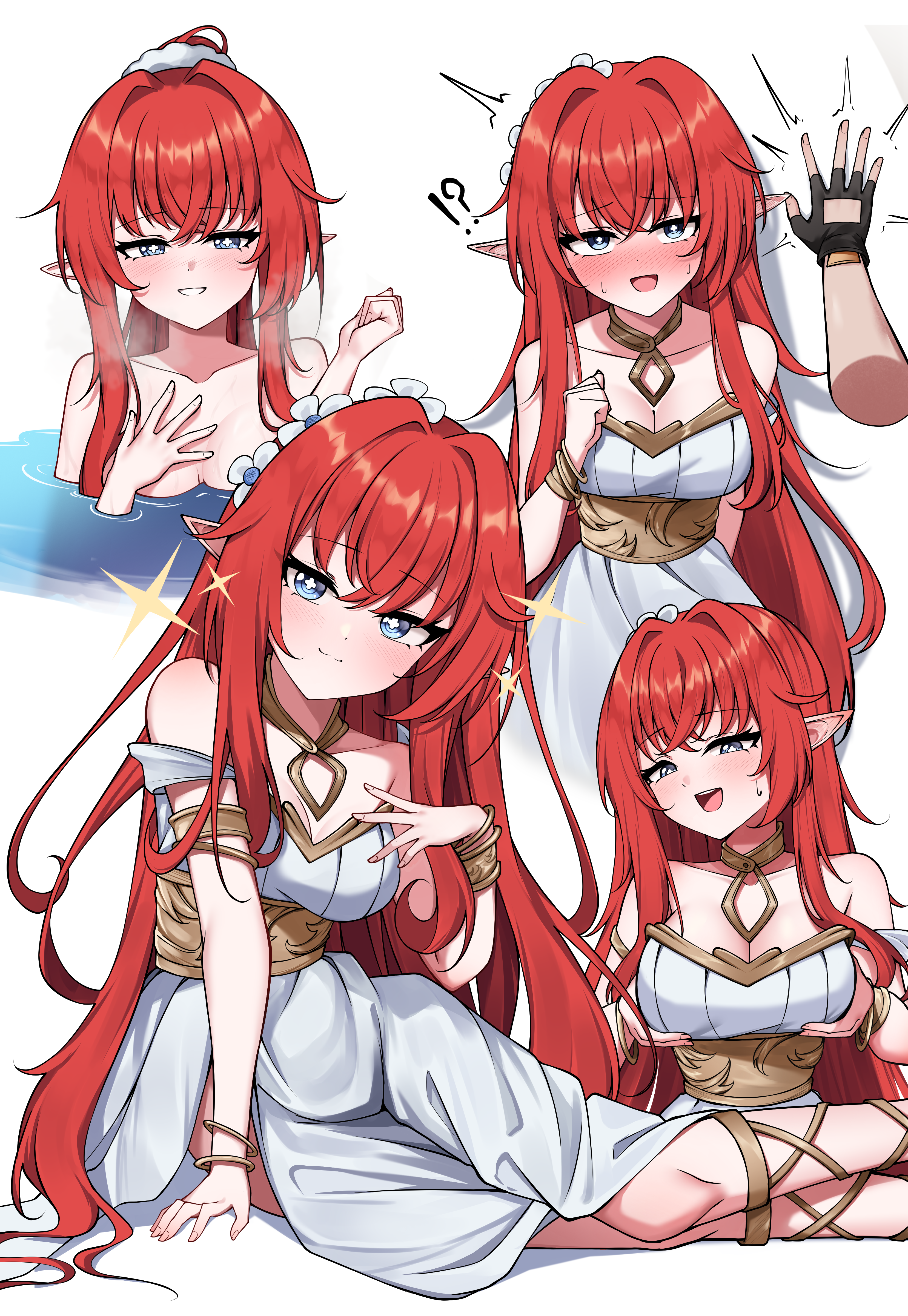 gekhuay, caelus (honkai: star rail), trailblazer (honkai: star rail), tribios (honkai: star rail), honkai: star rail, honkai (series), absurdres, commentary, highres, !?, + +, 1boy, 1girl, blue eyes, blush, breasts, bright pupils, cleavage, dress, grabbing own breast, hair intakes, head wreath, large breasts, long hair, multiple views, nude, open mouth, pointy ears, pov, pov hands, red hair, simple background, very long hair, white background, white dress, white pupils