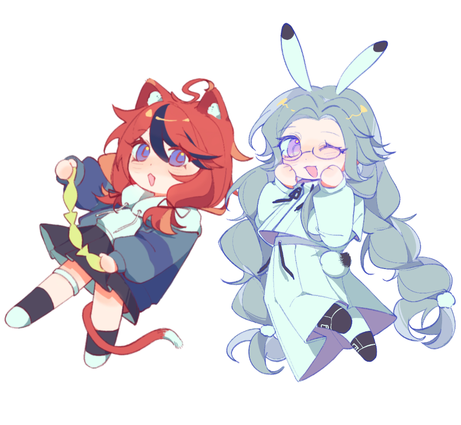 aotsuki eito, sumino takumi, the hundred line -last defense academy-, chinese commentary, commentary request, 2girls, :d, ahoge, animal ears, black skirt, black streaks, blue eyes, blue jacket, cat ears, cat girl, cat tail, deformed, genderswap, genderswap (mtf), glasses, grey hair, grey jacket, holding, holding paper, hood, hoodie, jacket, jacket over hoodie, laiyinye, long hair, long skirt, looking at viewer, medium hair, multicolored hair, multicolored jacket, multiple girls, open mouth, paper, purple eyes, rabbit ears, rabbit girl, rabbit tail, red hair, simple background, skirt, smile, streaked hair, tail, tail wrap, thigh strap, two-tone jacket, very long hair, white background, white hoodie, white jacket, white skirt