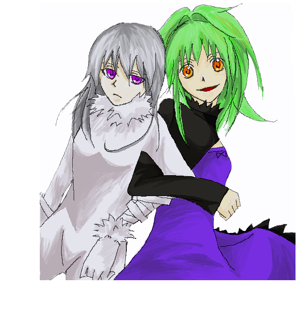 amber (darker than black), yin (darker than black), darker than black, 2girls, alternate hairstyle, amber (cosplay), bodysuit, cosplay, costume switch, dress, female focus, fur trim, gloves, green hair, grey hair, hair down, long sleeves, multiple girls, orange eyes, purple dress, purple eyes, yin (cosplay)