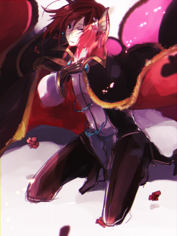 wane (ruki), warlock (ragnarok online), ragnarok online, commentary request, lowres, 1boy, black cape, black gloves, black pants, blue eyes, bow, cape, closed mouth, expressionless, full body, fur-trimmed cape, fur trim, gloves, gold trim, hair bow, kneeling, long sleeves, looking at viewer, male focus, official alternate costume, pants, pink bow, red cape, red hair, shirt, short hair, simple background, solo, two-sided cape, two-sided fabric, white background, white shirt