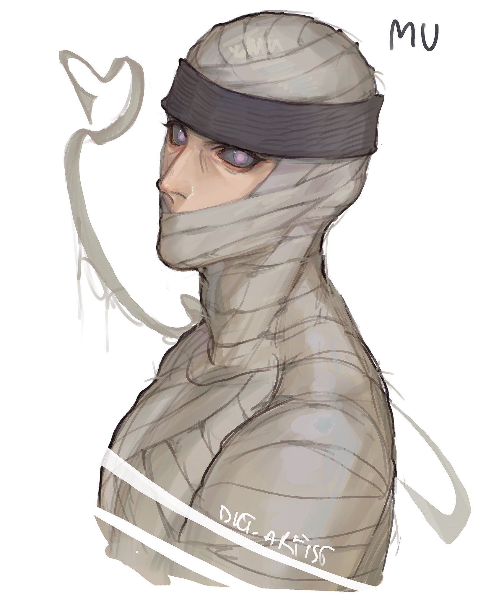 artistdkt, naruto (series), naruto shippuuden, commentary, highres, 1boy, artist name, bandaged arm, bandaged chest, bandaged head, bandaged neck, bandages, bandana, character name, from side, looking at viewer, male focus, multiple bandages, muu (naruto), nose, purple eyes, simple background, solo, upper body, white background
