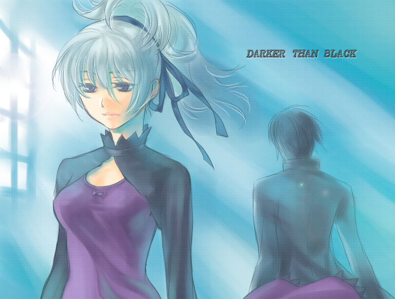 hei (darker than black), yin (darker than black), darker than black, silver hair, 00s, 1boy, 1girl, black hair, closed mouth, dress, expressionless, formal clothes, indoors, light rays, long sleeves, ponytail, purple dress, purple eyes, solo focus, standing, suit, window