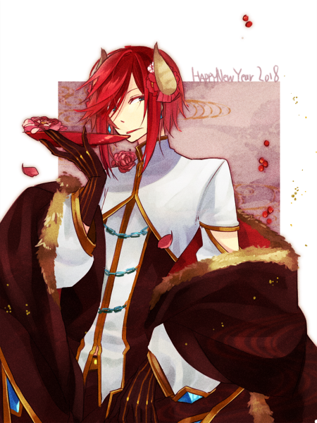 wane (ruki), warlock (ragnarok online), ragnarok online, commentary request, 1boy, 2018, blue eyes, brown cape, brown gloves, brown horns, brown shirt, cape, closed mouth, cup, flower, fur-trimmed cape, fur trim, gloves, gold trim, happy new year, holding, holding cup, horns, long sleeves, looking at viewer, male focus, new year, official alternate costume, petals, red cape, red flower, red hair, red rose, rose, sakazuki, shirt, short hair, smile, solo, two-sided cape, two-sided fabric, two-tone shirt, upper body, white background, white shirt
