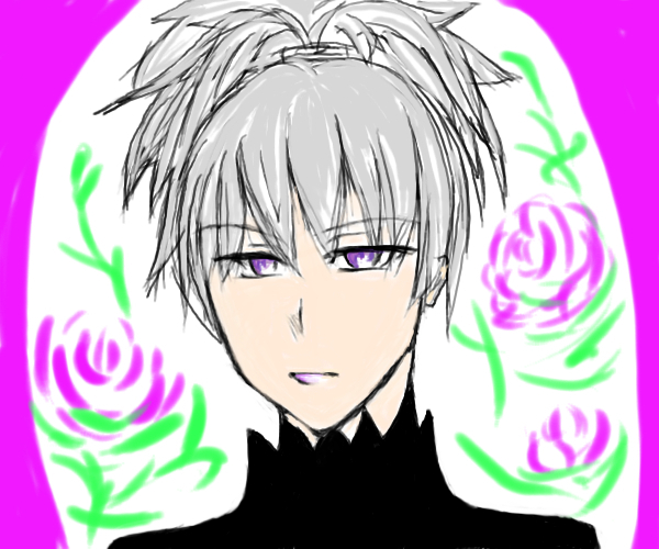 yin (darker than black), darker than black, 00s, 1girl, female focus, flower, grey hair, ponytail, purple eyes, solo