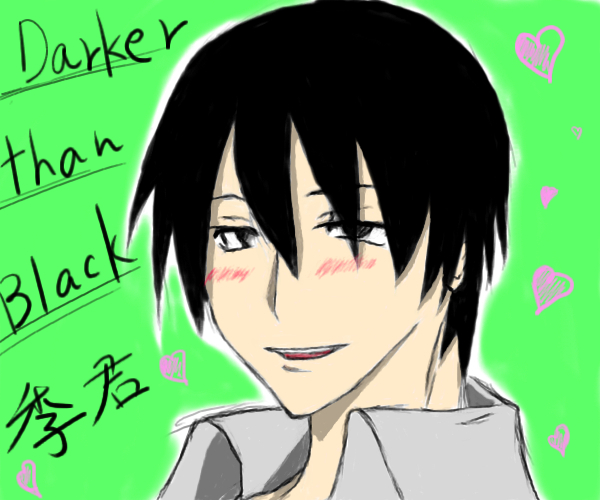 hei (darker than black), darker than black, 00s, 1boy, black hair, blush, green background, heart, male focus, smile, solo