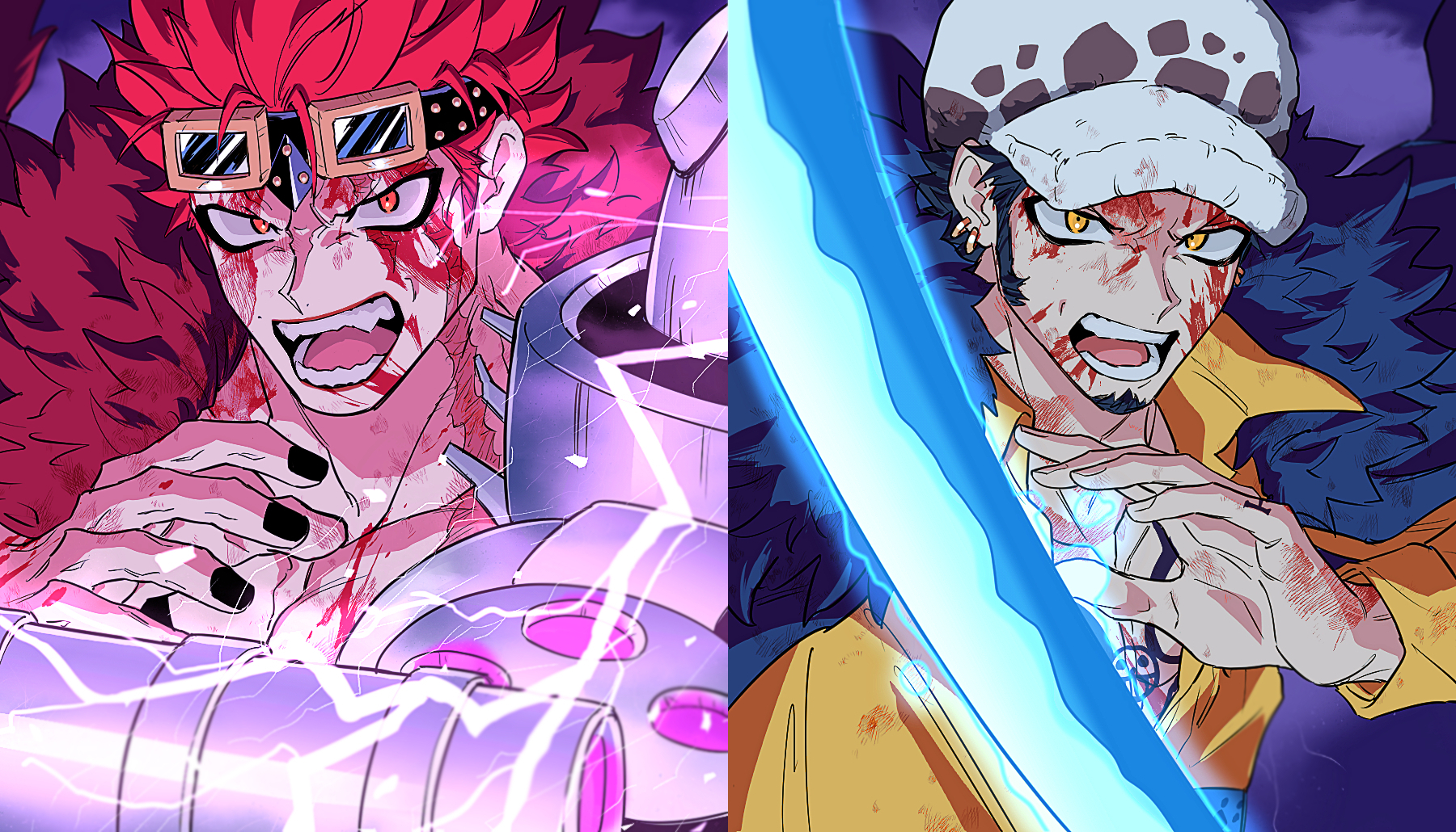 yakumo (ykm), eustass kid, trafalgar law, one piece, commentary request, highres, 2boys, angry, black hair, black nails, blood, blue cape, cape, chest tattoo, coat, coat on shoulders, collared shirt, earrings, electricity, facial hair, fangs, finger tattoo, fingernails, fur-trimmed cape, fur coat, fur hat, fur trim, goatee, goggles, goggles on head, gold earrings, hand up, hat, holding, holding sword, holding weapon, jewelry, long sleeves, looking at viewer, male focus, mechanical arms, multiple boys, nail polish, open mouth, pectorals, red coat, red eyes, red hair, red lips, scar, scar across eye, scar on chest, scar on face, shirt, short hair, sideburns, single mechanical arm, spiked hair, sword, tattoo, teeth, upper body, v-shaped eyebrows, weapon, white hat, yellow eyes, yellow shirt