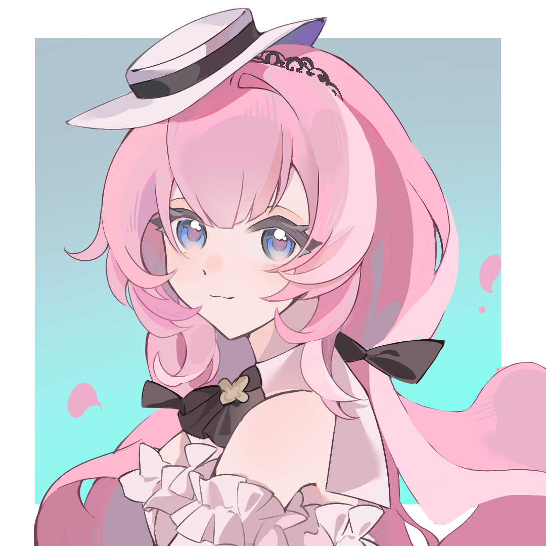 elysia (honkai impact), elysia (sweet memories) (honkai impact), honkai (series), honkai impact 3rd, chinese commentary, commentary request, 1girl, bare shoulders, blue background, blue eyes, dress, hat, long hair, looking at viewer, official alternate costume, pink hair, solo, tangxing22844, tilted headwear, upper body, very long hair, white dress, white hat