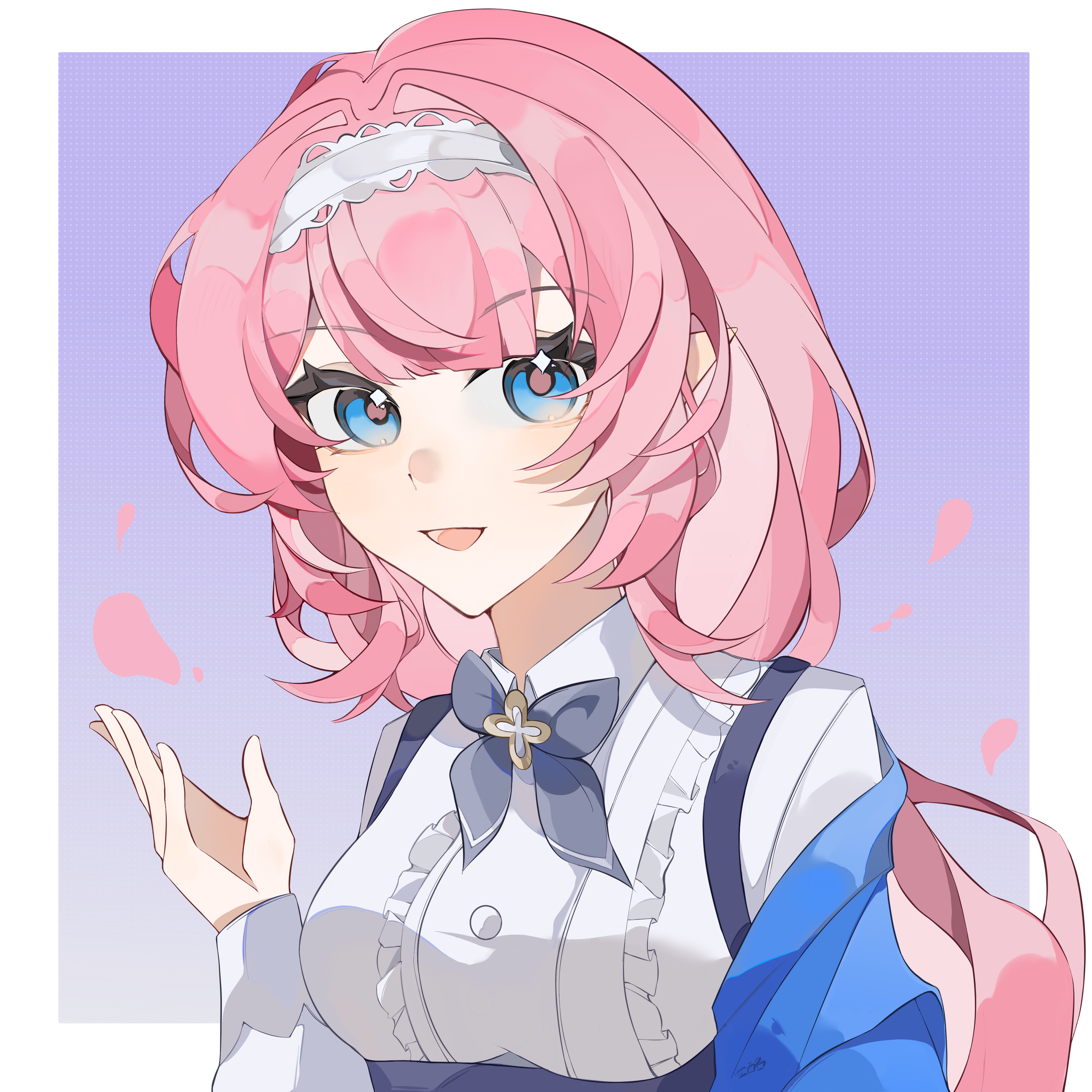 elysia (coco) (honkai impact), elysia (honkai impact), honkai (series), honkai impact 3rd, absurdres, chinese commentary, commentary request, highres, 1girl, blue background, blue eyes, border, breasts, falling petals, hairband, long hair, looking at viewer, medium breasts, official alternate costume, petals, pink hair, shirt, solo, tangxing22844, upper body, very long hair, white border, white hairband, white shirt