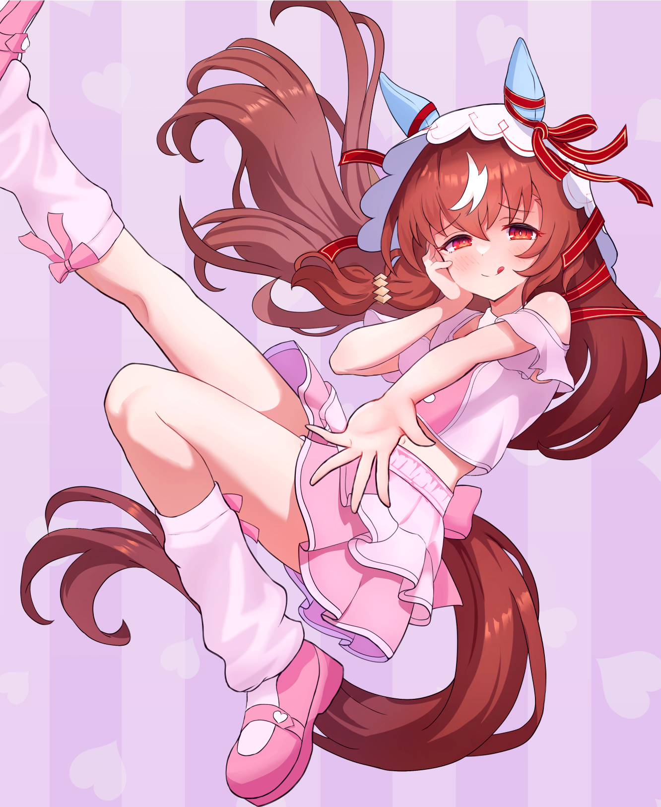 still in love (umamusume), umamusume, highres, 1girl, alternate costume, amenu 415, animal ears, bare shoulders, blush, brown hair, closed mouth, hair between eyes, hand on own face, horse ears, horse girl, horse tail, kneehighs, licking lips, long hair, looking at viewer, loose socks, off-shoulder shirt, off shoulder, pink shirt, pink shoes, pink skirt, pink socks, pleated skirt, red eyes, shirt, shoes, short sleeves, skirt, smile, socks, solo, tail, tongue, tongue out, veil, white veil