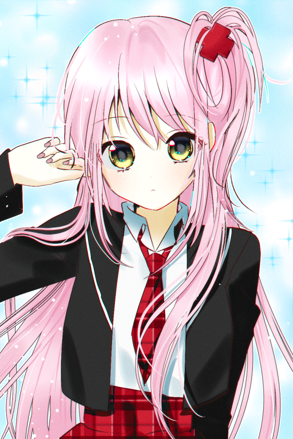 hinamori amu, shugo chara!, 1girl, black jacket, collared shirt, half updo, jacket, lan lan, long hair, looking at viewer, necktie, pink hair, pink nails, red necktie, school uniform, shirt, sidelocks, solo, white shirt