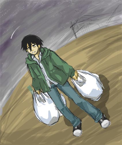 hei (darker than black), darker than black, 00s, 1boy, bag, black eyes, black hair, denim, dirt, full body, green jacket, grocery bag, jacket, jeans, male focus, night, night sky, outdoors, pants, scenery, shirt, shooting star, shopping bag, sky, solo, utility pole, white shirt