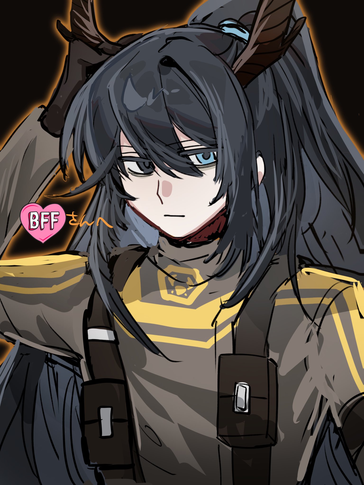 odamarinasai, hong lu (project moon), limbus company, project moon, highres, 1boy, antlers, armor, black armor, black background, black bodysuit, black eyes, black gloves, black hair, blue eyes, bodysuit, gloves, heterochromia, high ponytail, horns, long hair, looking at viewer, male focus, ponytail, r corp. (identity) (project moon), simple background, solo, upper body, very long hair