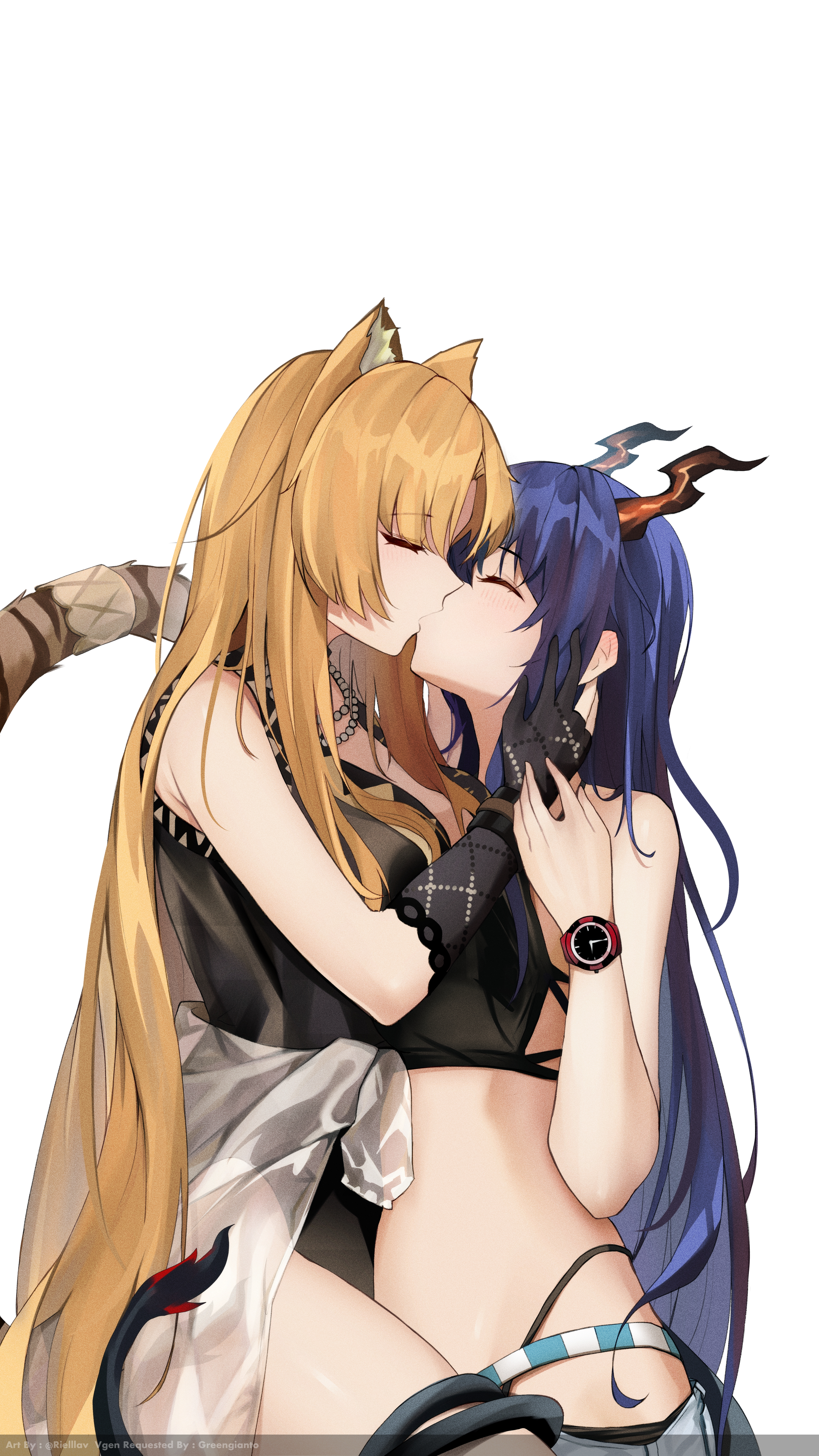 lavriell, ch'en (arknights), swire (arknights), arknights, absurdres, commentary, commission, english commentary, highres, vgen commission, 2girls, animal ears, bikini, black bikini, black gloves, black one-piece swimsuit, blonde hair, blue hair, closed eyes, dragon horns, dragon tail, elbow gloves, gloves, highleg, highleg bikini, horns, kiss, multiple girls, one-piece swimsuit, simple background, swimsuit, tail, tiger ears, tiger tail, watch, white background, wristwatch, yuri