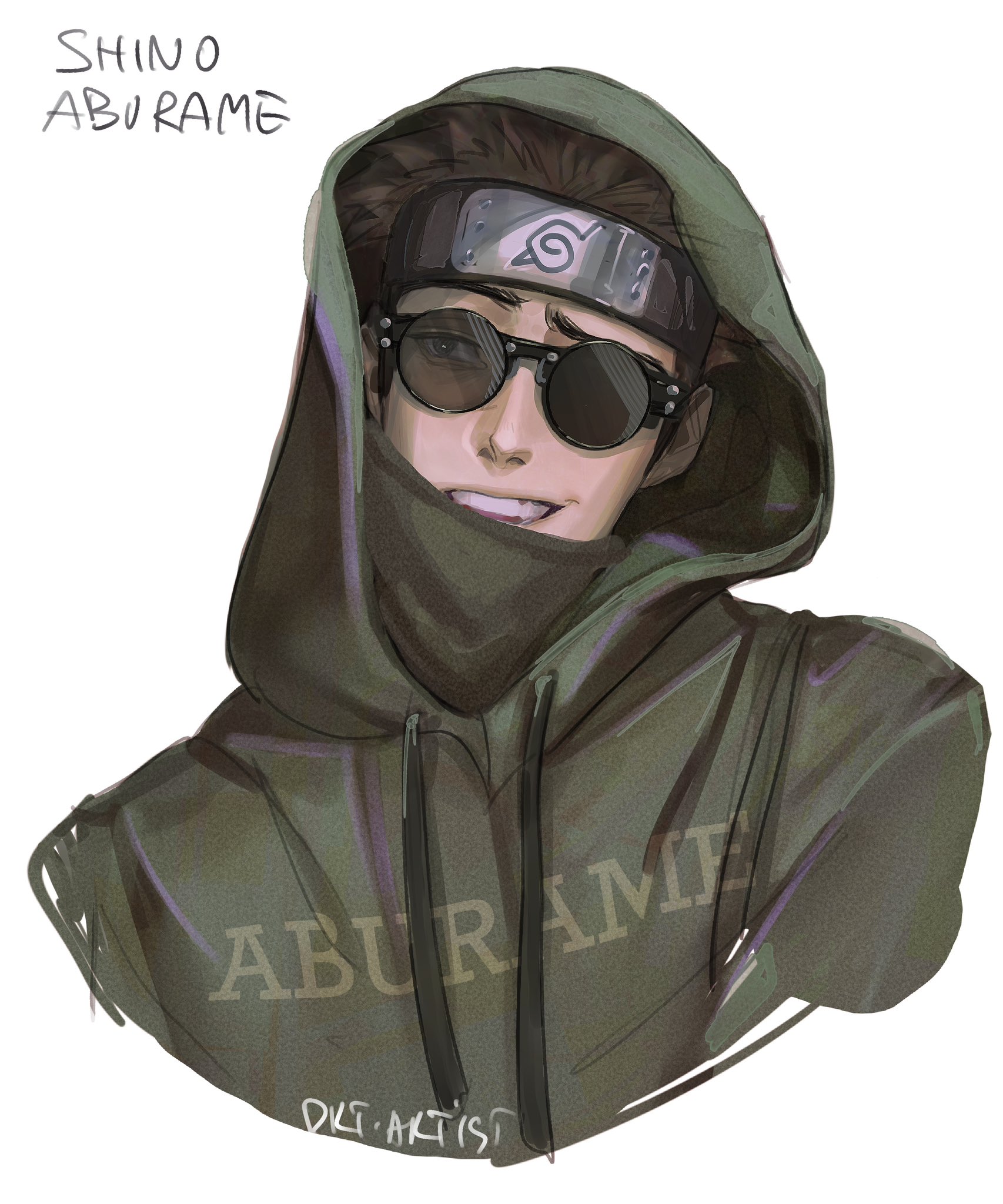 artistdkt, aburame shino, naruto (series), highres, 1boy, artist name, black-framed eyewear, brown hair, character name, forehead protector, glasses, green hoodie, hood, hoodie, konohagakure symbol, looking to the side, male focus, short hair, simple background, smile, solo, teeth, white background