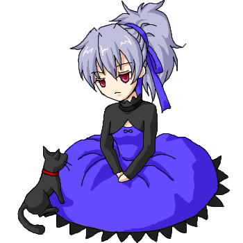 mao (darker than black), yin (darker than black), darker than black, lowres, 00s, 1girl, black cat, cat, collar, dress, female focus, grey hair, hair ribbon, long sleeves, maroon eyes, purple dress, purple ribbon, ribbon, simple background, sitting, white background