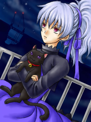 mao (darker than black), yin (darker than black), darker than black, lowres, 00s, 1girl, animal, bell, black cat, carrying, cat, cityscape, collar, dress, female focus, hair ribbon, holding, long sleeves, maroon eyes, outdoors, ponytail, purple dress, purple eyes, purple ribbon, railing, ribbon