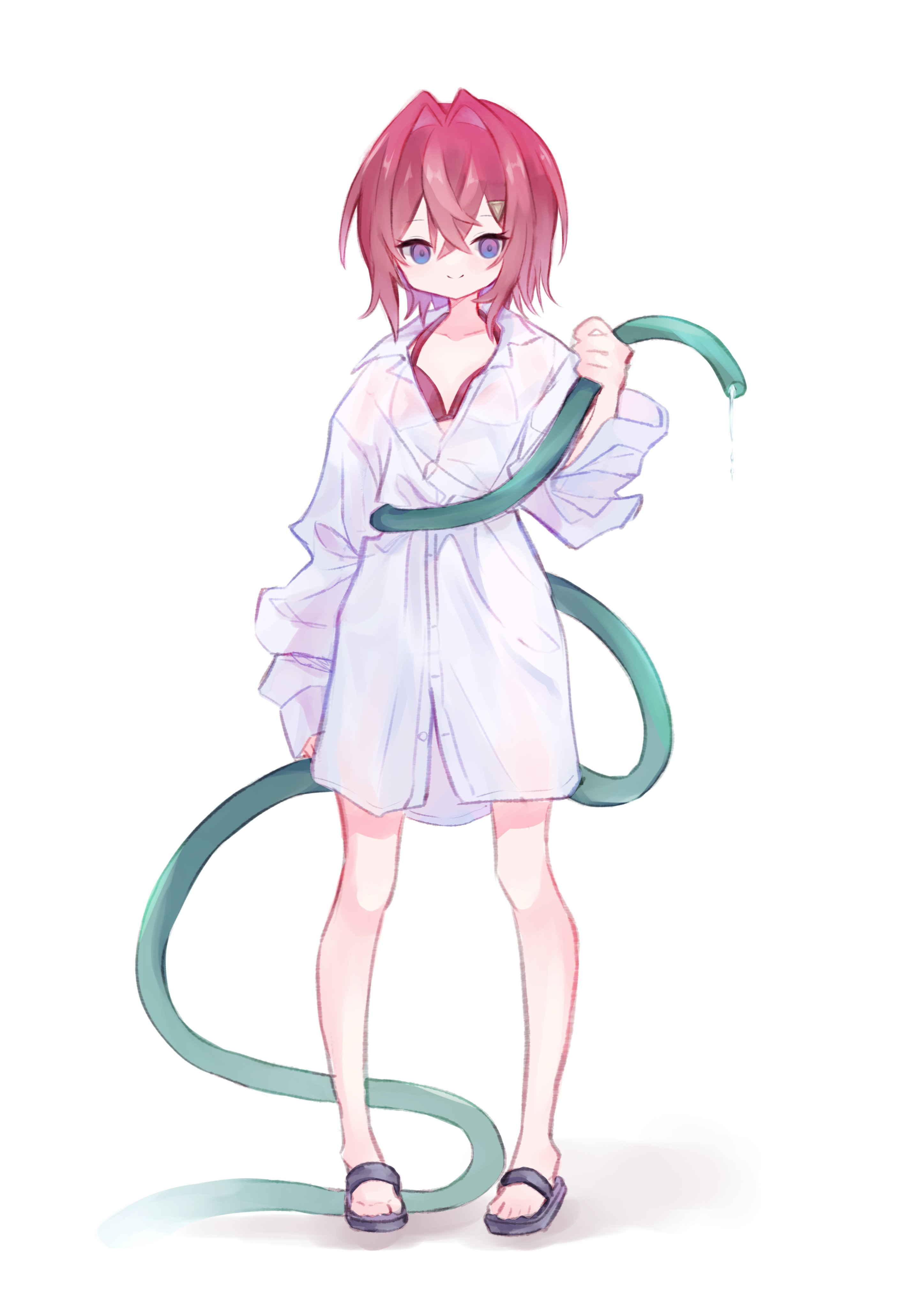 eresa, ange katrina, nijisanji, absurdres, hashtag-only commentary, highres, 1girl, alternate costume, bare legs, bikini, bikini under clothes, blue eyes, closed mouth, collared shirt, crossed bangs, flat chest, full body, gradient eyes, grey sandals, hair between eyes, hair intakes, hair ornament, hand up, holding, holding hose, hose, looking at viewer, medium hair, multicolored eyes, oversized clothes, oversized shirt, partially unbuttoned, purple eyes, red bikini, red hair, sandals, see-through clothes, see-through shirt, shirt, simple background, sleeves past wrists, smile, solo, split mouth, standing, swimsuit, triangle hair ornament, virtual youtuber, white background, white shirt