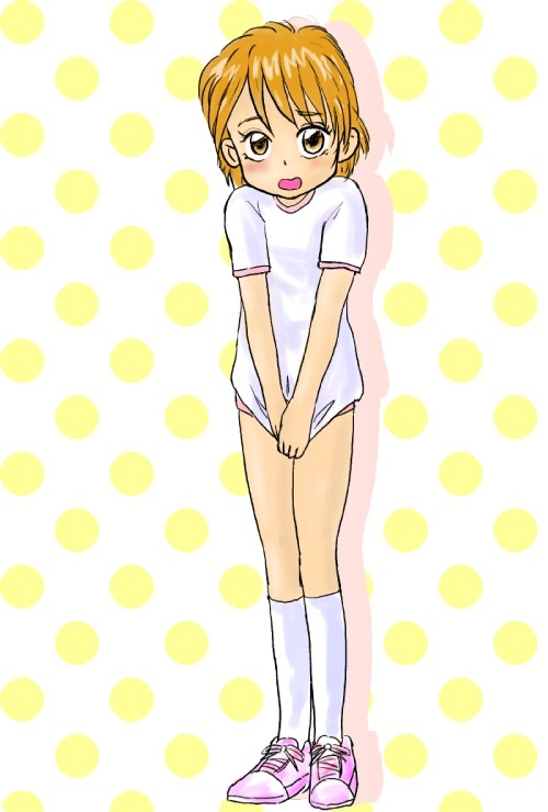 yoshimi50, misumi nagisa, futari wa precure, precure, pink footwear, 00s, 1girl, blush, brown eyes, brown hair, buruma, clothes pull, embarrassed, gym uniform, kneehighs, looking at viewer, open mouth, pink buruma, polka dot, shirt, shirt pull, shoes, short hair, short sleeves, sneakers, socks, white background, white shirt, white socks