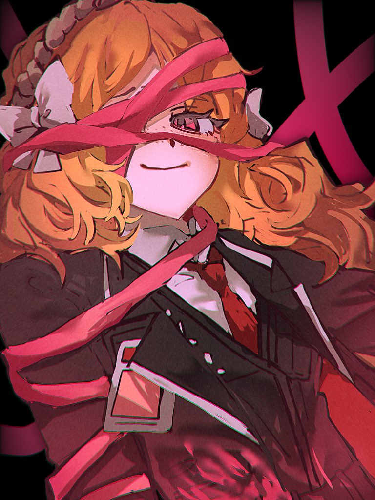 odamarinasai, ishmael (project moon), limbus company, project moon, 1girl, black background, black coat, black vest, bow, coat, collared shirt, e.g.o (project moon), freckles, hair bow, long hair, long sleeves, looking at viewer, necktie, one eye covered, orange hair, pink eyes, pink ribbon, red necktie, ribbon, roseate desire (e.g.o), shirt, simple background, smile, solo, upper body, vest, white bow, white shirt