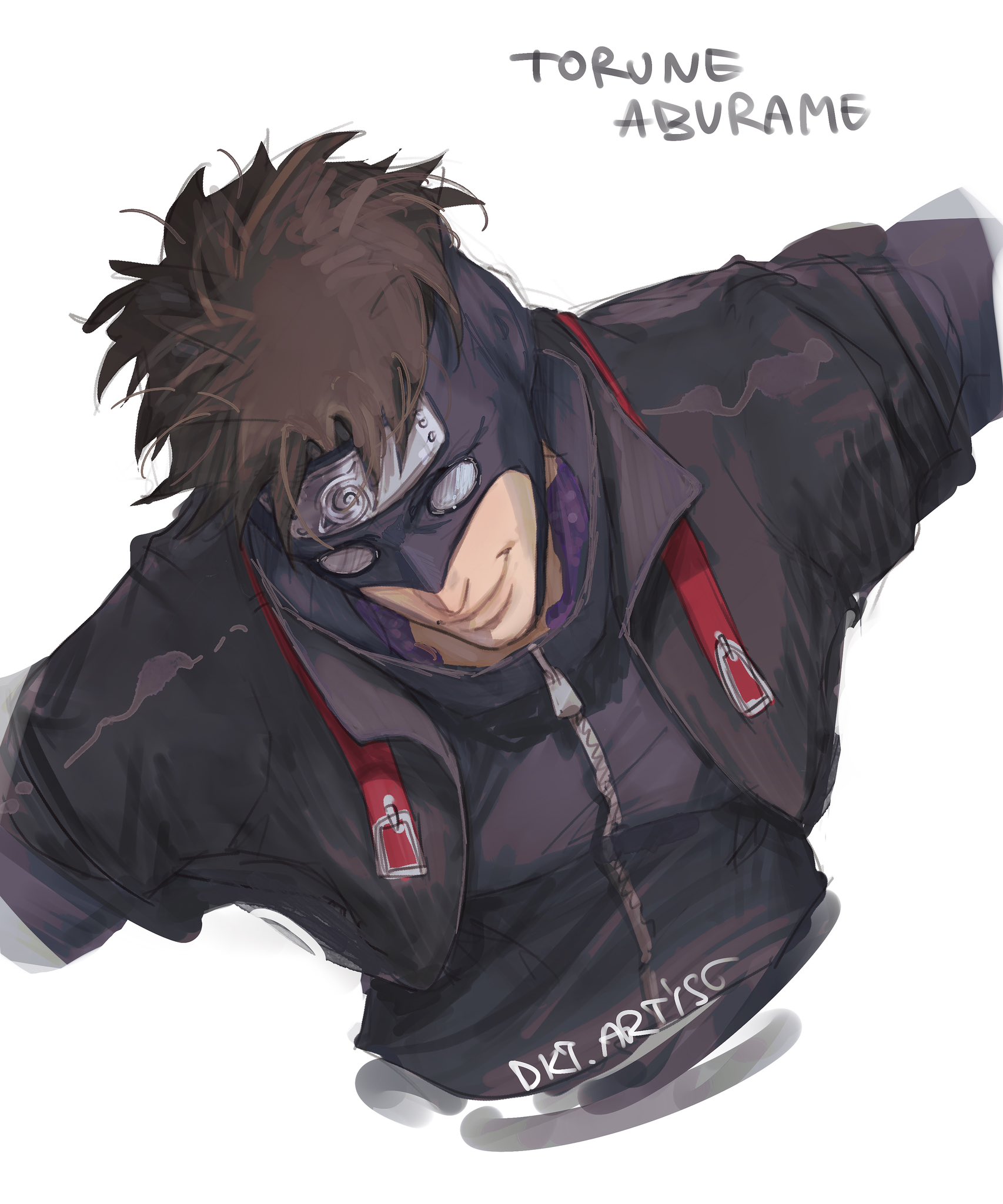 artistdkt, aburame torune, naruto (series), naruto shippuuden, commentary, highres, 1boy, artist name, brown hair, character name, cropped torso, forehead protector, konohagakure symbol, lips, male focus, simple background, solo, upper body, white background