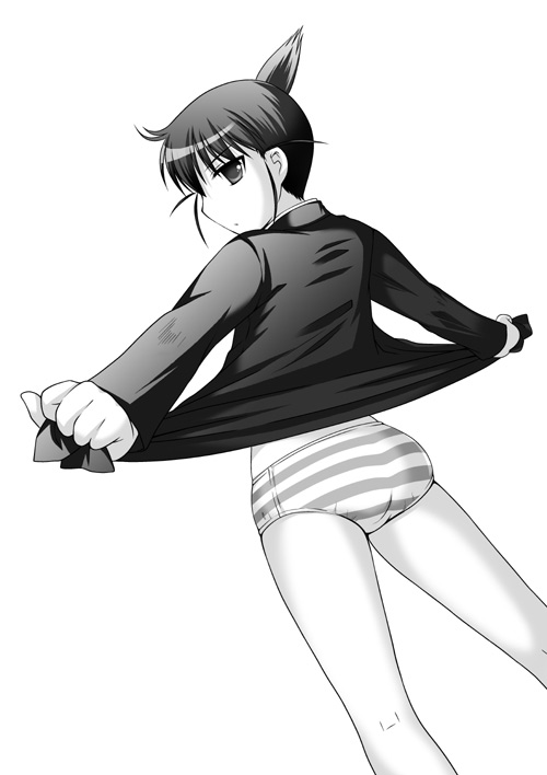 animal ears, ass, from behind, legs, monochrome, panties, short hair, sketch, striped clothes, striped panties, underwear