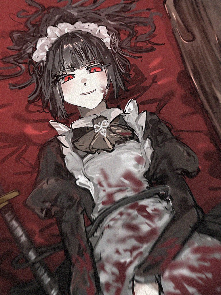 odamarinasai, ryoshu (project moon), limbus company, project moon, 1girl, apron, ascot, black ascot, black dress, black hair, blood, blood on clothes, blood on face, dress, juliet sleeves, long hair, long sleeves, looking at viewer, lying, maid apron, maid headdress, on back, ponytail, puffy sleeves, red background, red eyes, solo, upper body, white apron, wuthering heights (identity) (project moon)