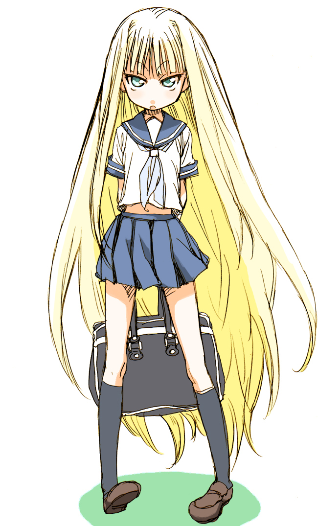 mikami komata, mikami konu, evangeline a.k. mcdowell, mahou sensei negima!, 00s, 1girl, bag, blonde hair, female focus, green eyes, long hair, school uniform, serafuku, simple background, socks, solo, vampire, very long hair