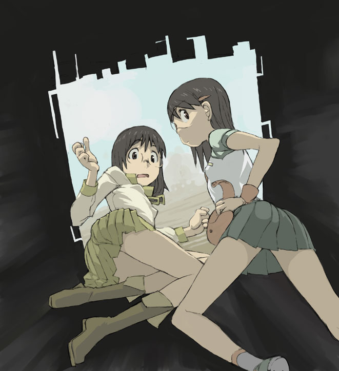 honjou raita, hashimoto fumie, okonogi yuuko, dennou coil, 00s, 2girls, ass, black hair, boots, flat chest, glasses, hair ornament, hairclip, looking back, multiple girls, open mouth, raglan sleeves, round eyewear, school uniform, serafuku, skirt, socks