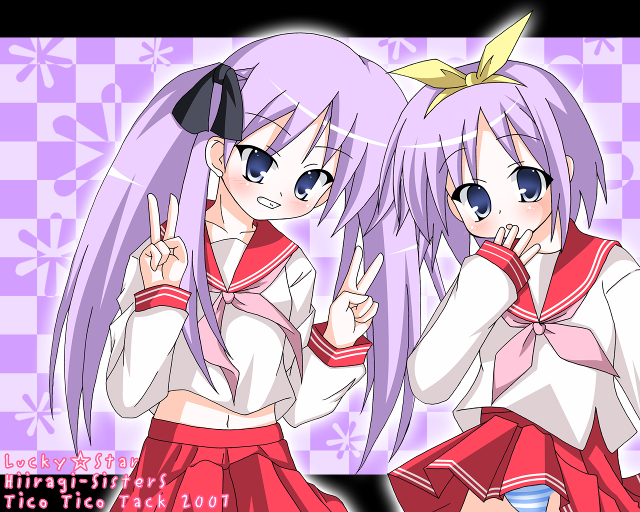 hiiragi kagami, hiiragi tsukasa, lucky star, tagme, 00s, 2girls, blue eyes, blush, clothes lift, hair ribbon, hairband, long hair, multiple girls, navel, open mouth, panties, purple hair, ribbon, school uniform, serafuku, shirt lift, short hair, siblings, sisters, skirt, skirt lift, standing, teeth, twins, twintails, underwear, v