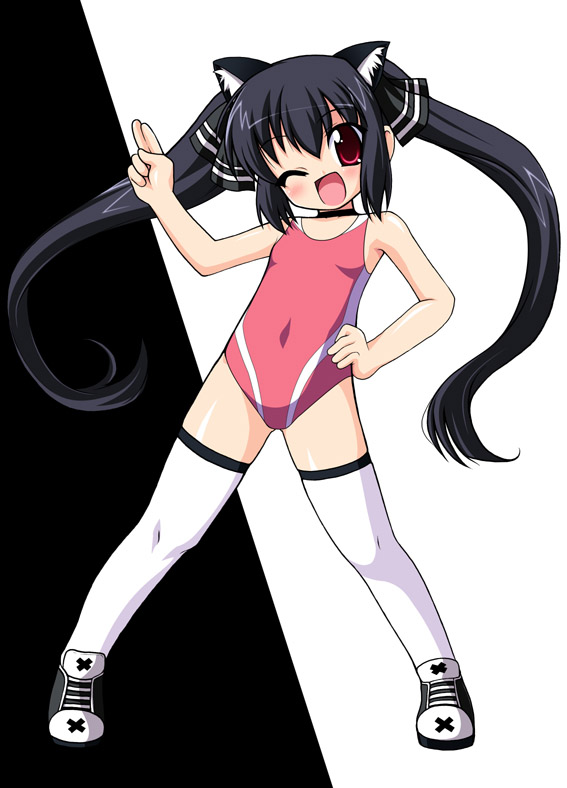 chirorian, kooh (pangya), pangya, 1girl, ;d, animal ears, black background, black hair, black ribbon, blush, cat ears, choker, female focus, full body, hair ribbon, hand on own hip, legs apart, leotard, long hair, looking at viewer, one eye closed, open mouth, red eyes, ribbon, shoes, sidelocks, smile, solo, standing, thighhighs, twintails, white background, white thighhighs, wink